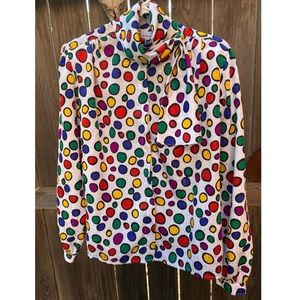 Vintage Tie Neck, Button Up Blouse with multi colored polka dots